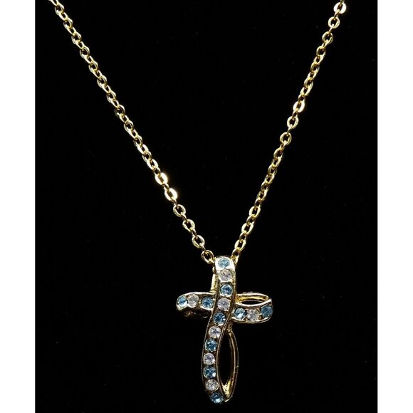 Beautiful Cross Chain Necklace Light Blue White Stones Goldtone - Picture 1 of 4